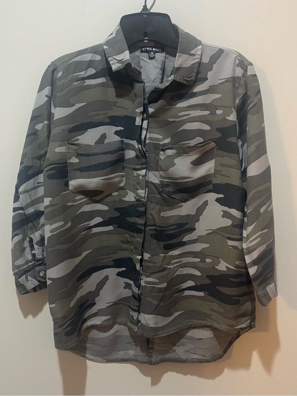 Style Envy Women's Camo Button-Down Shirt in Green, Gray, Black